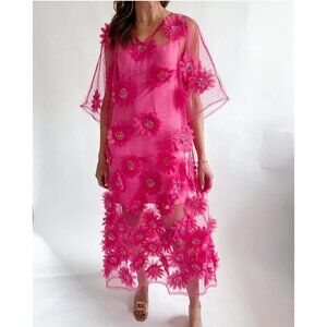 Tela Luxury Mercantile West Palm Beach Floral Mesh Maxi Dress Hot Pink OS